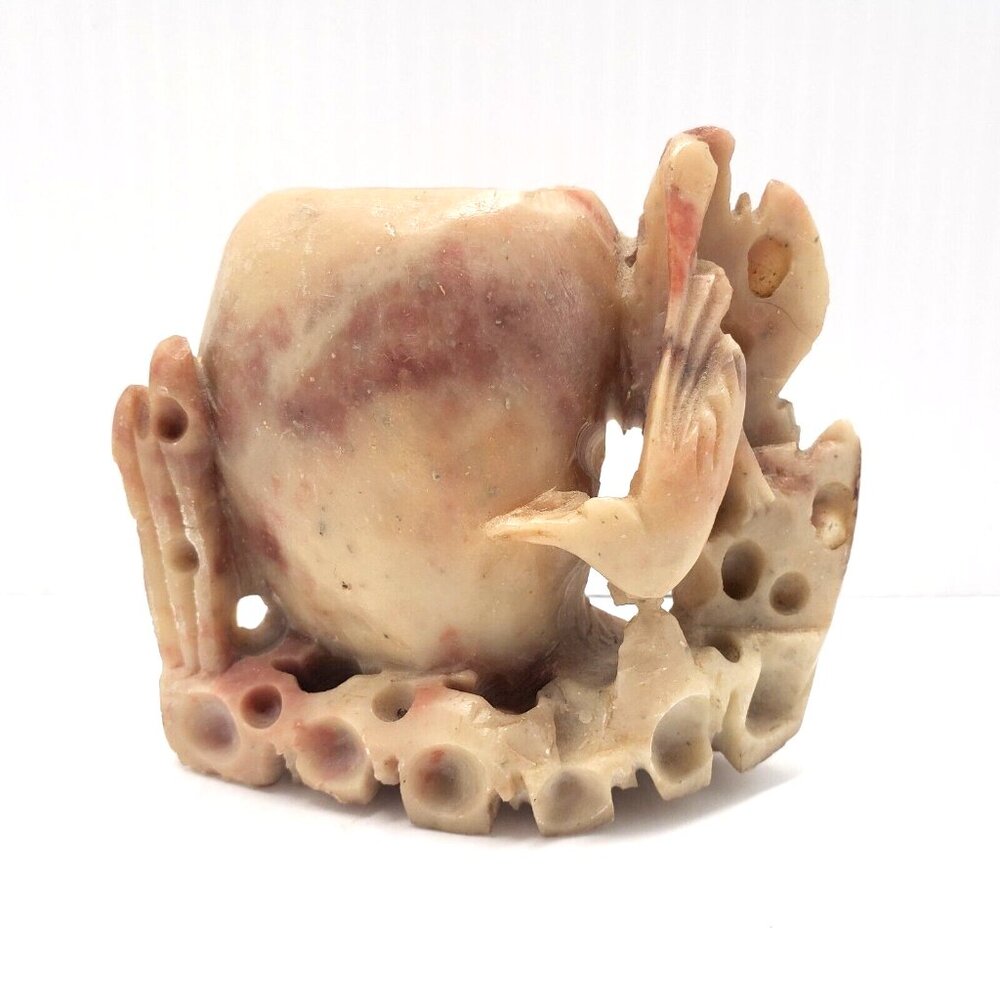 Authentic Vintage Chinese Carved Soapstone Brush/Ink Pot with Bird Detail EUC